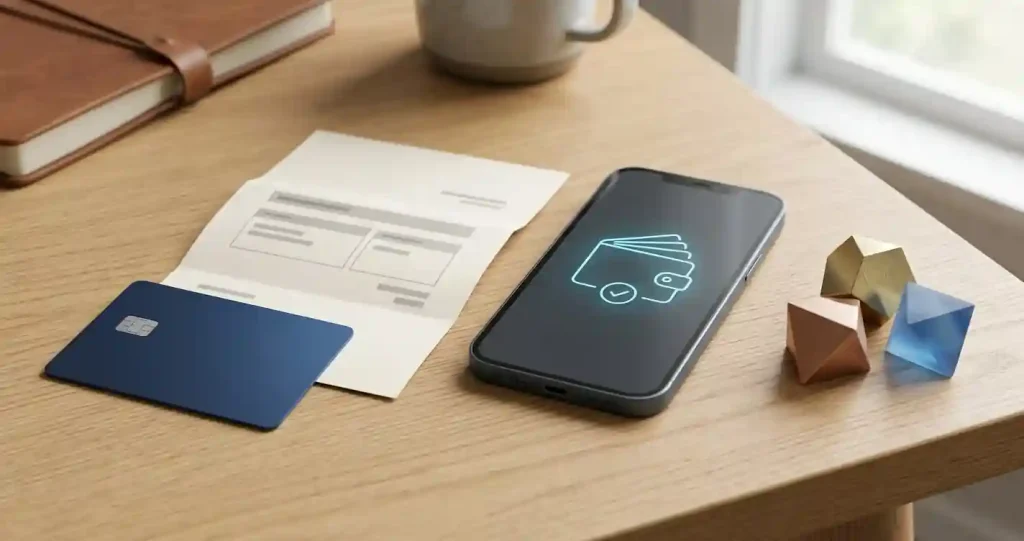 Editorial illustration of debit card, bank transfer and digital wallet payment categories