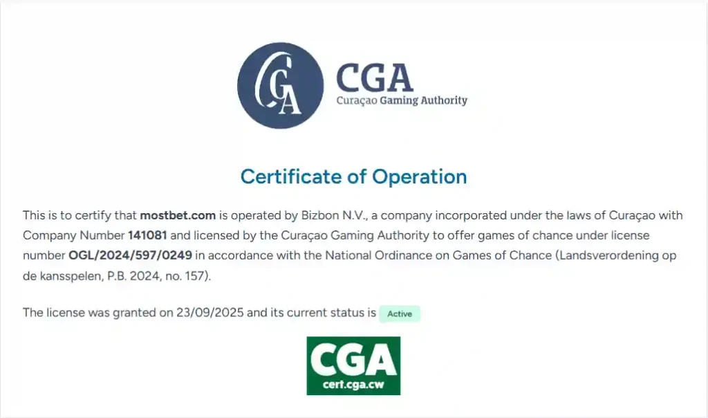 Curaçao Gaming Authority certificate for mostbet.com operated by Bizbon N.V.