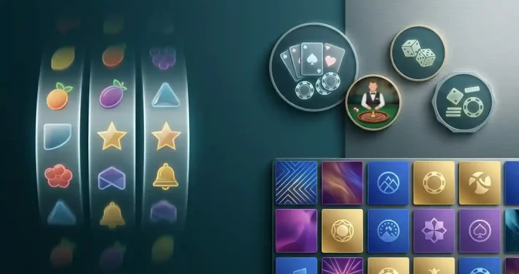 Editorial illustration of a casino games library with slot reels, table cards and a provider grid