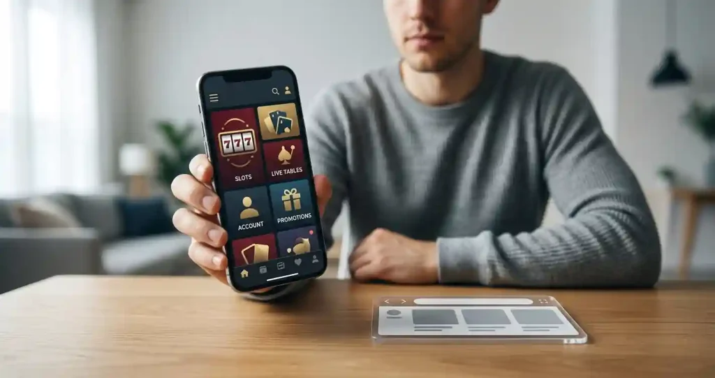 Neutral smartphone illustration showing casino categories and account navigation without recreating a real Mostbet interface