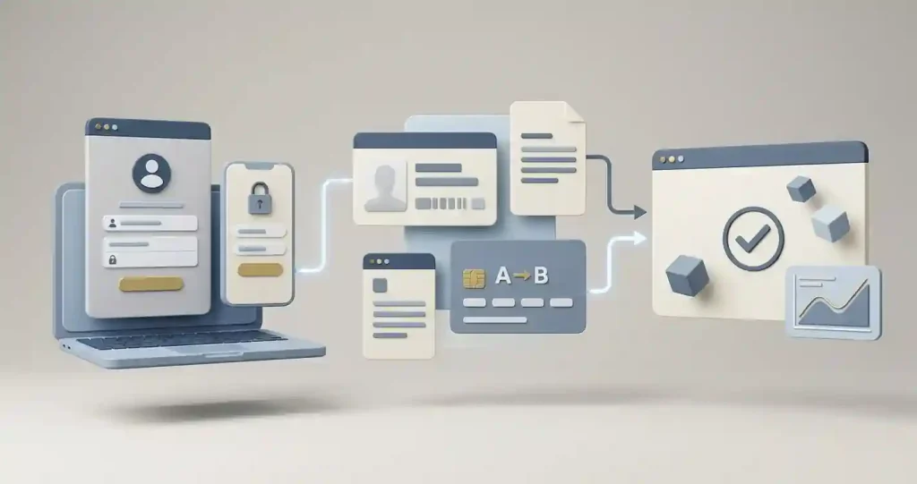 Editorial illustration of an online account registration moving through identity and payment checks without showing a real interface