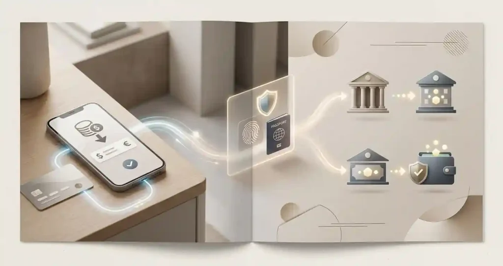 Editorial illustration of a withdrawal request moving through verification and payout stages