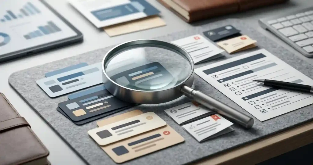 Editorial illustration of rating cards, complaint tickets and a review checklist