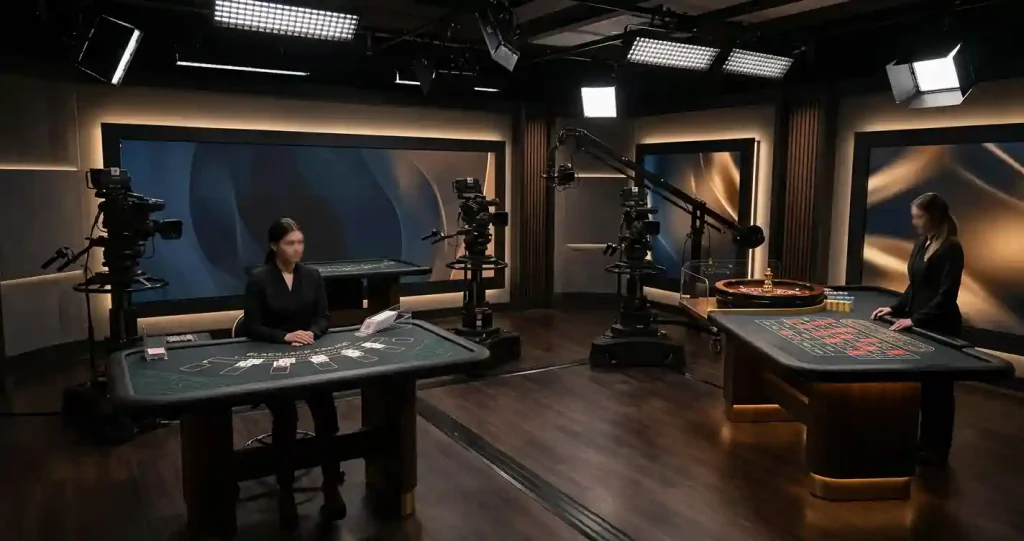 Stylised live dealer casino studio with roulette and blackjack tables